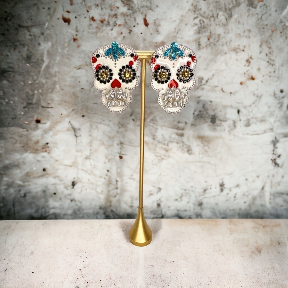 NWT Sugar Skull Earrings - Rhinestone Halloween  and Dia De Los Muertos Jewelry - Picture 3 of 8